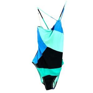 La Blanca Women's Size 8 One Piece Shoulder Swimsuit Blue Black Color Block NWT